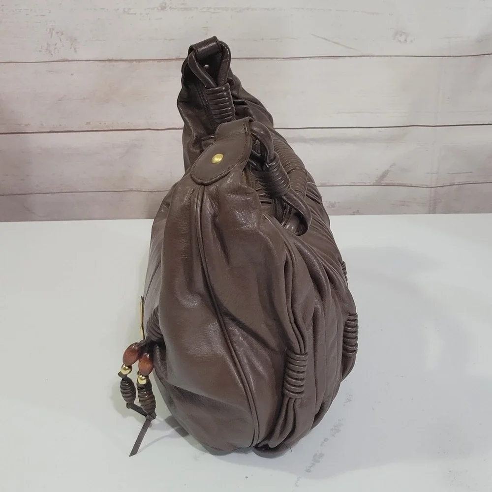 Iabella Fiori Hobo Bag Brown Leather Bag Charm Braided Handle